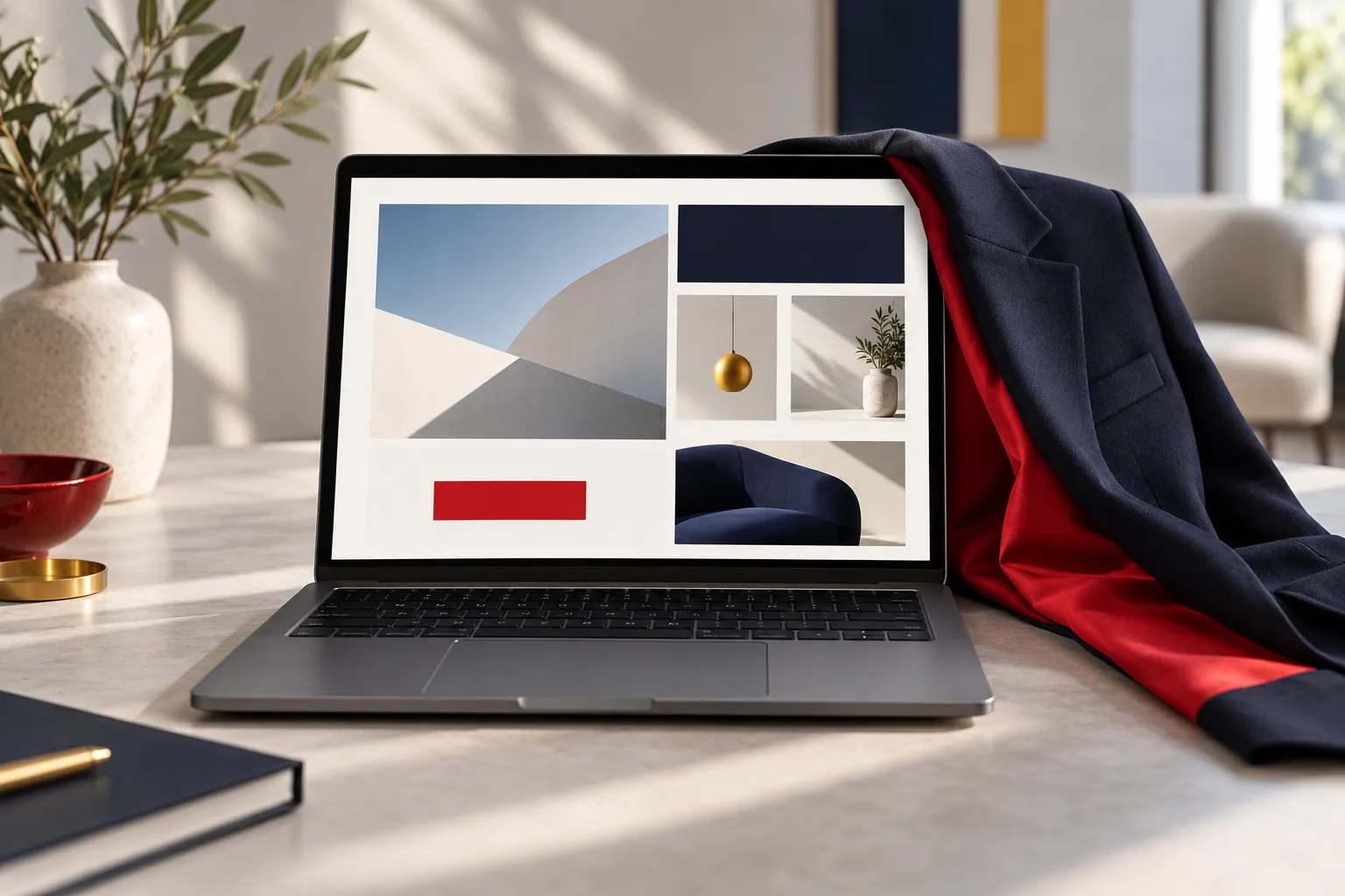 Laptop met een frisse, moderne website, met een marineblauw colbert met rode voering over het scherm: een nieuw jasje voor je website